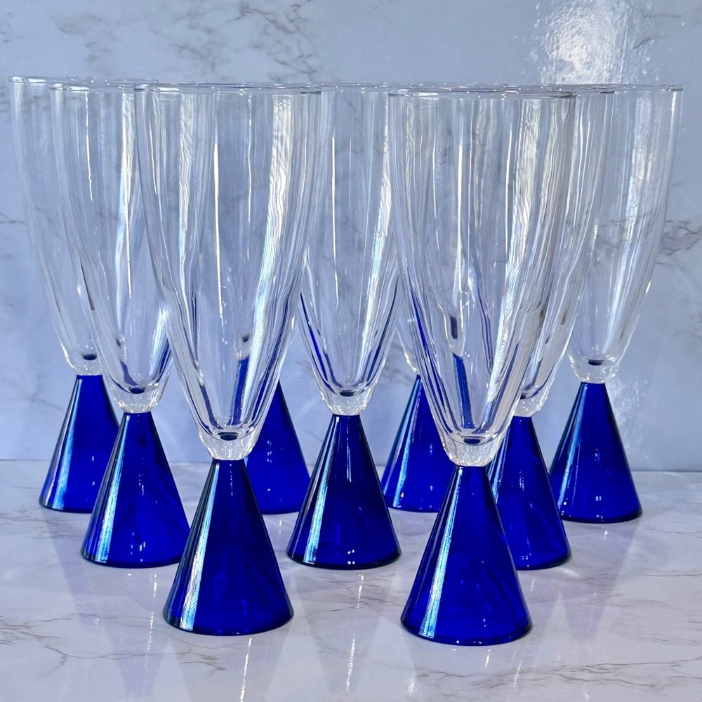Set of 9 Vintage Sasaki Eon Blue Cobalt Base & Clear Crystal Wine Glass Flutes